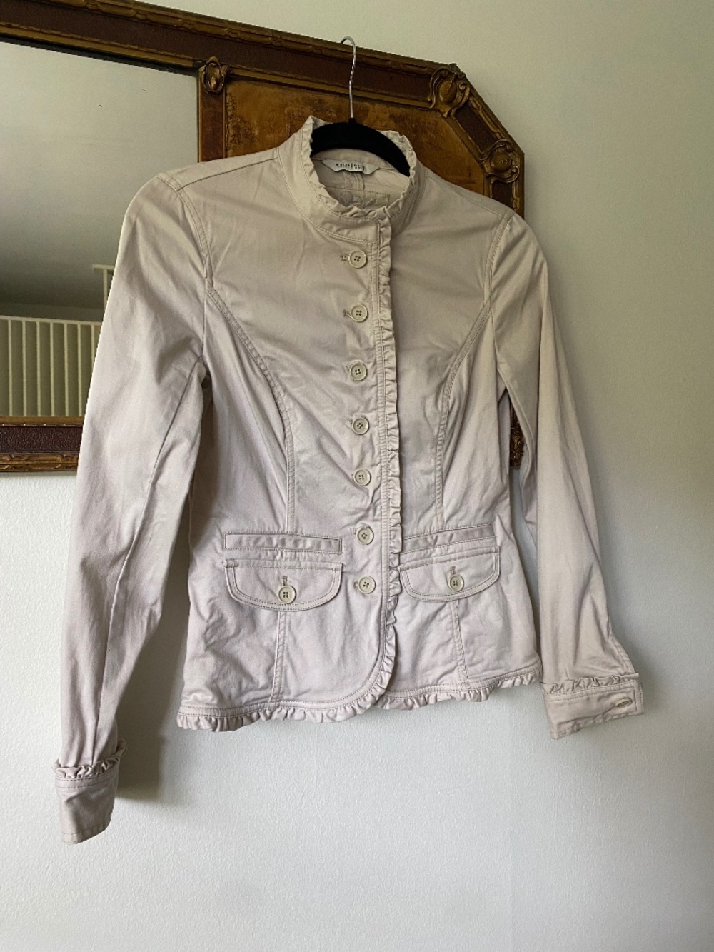 Vintage y2k Tan High Neck Ruffle Military Jacket Size 2 Coquette Preppy
